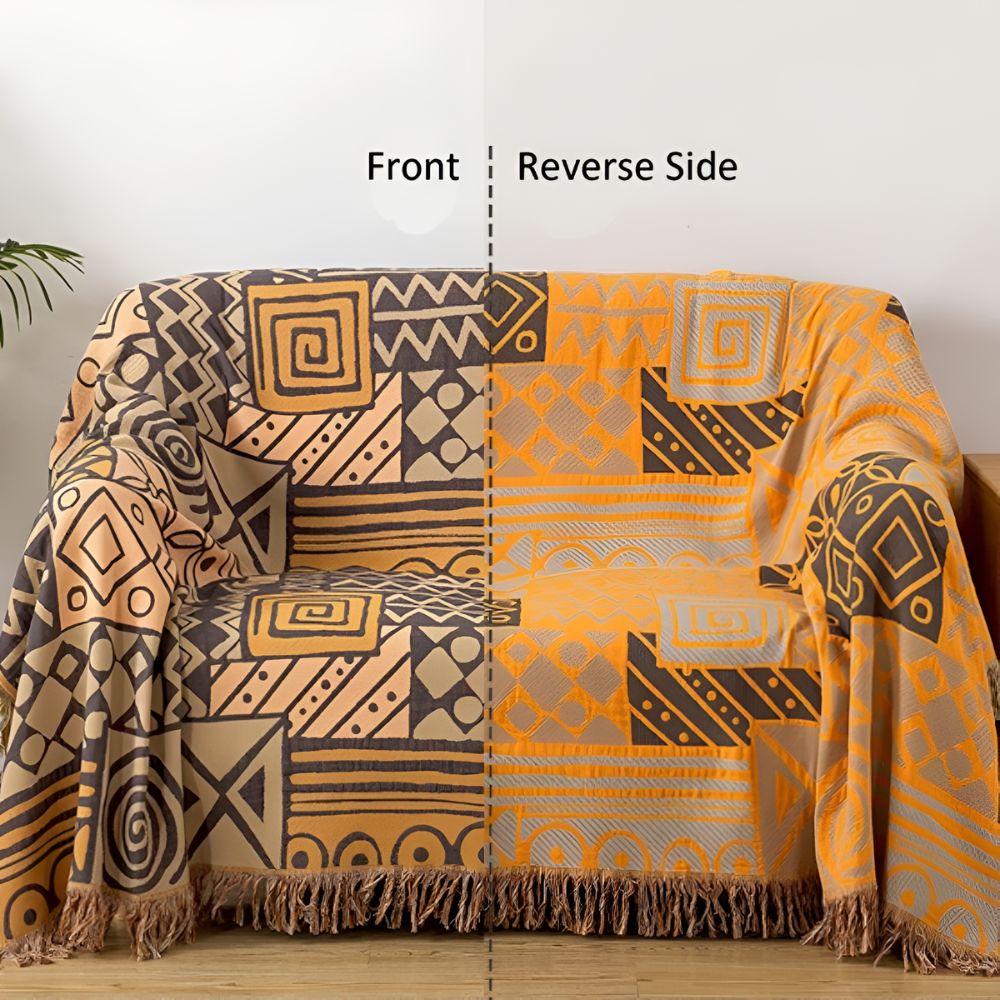 Zara Reversible Cotton Blanket with Tribal Patchwork and Tassel Fringe 9