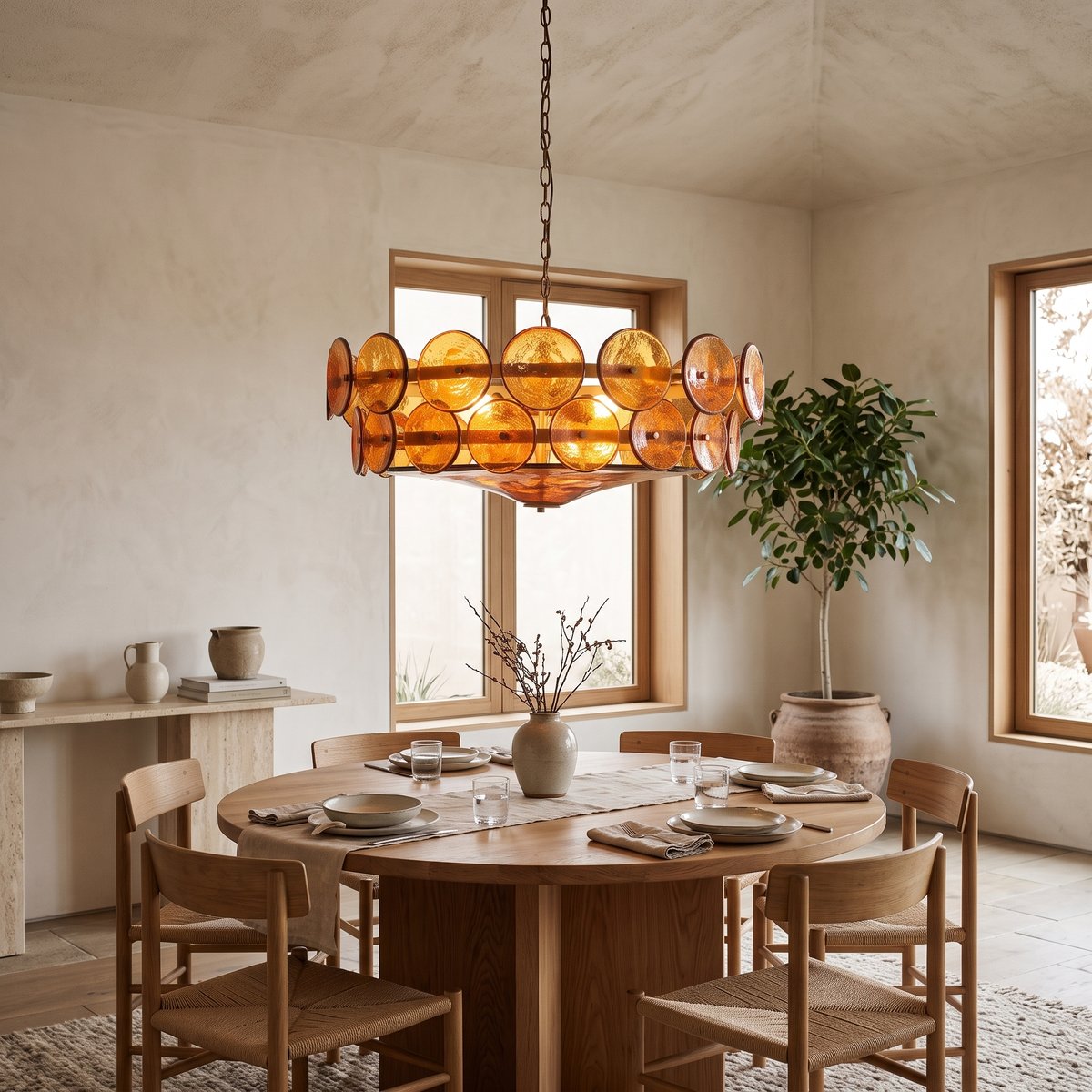 Ambra amber glass disc chandelier glowing above a round oak dining table