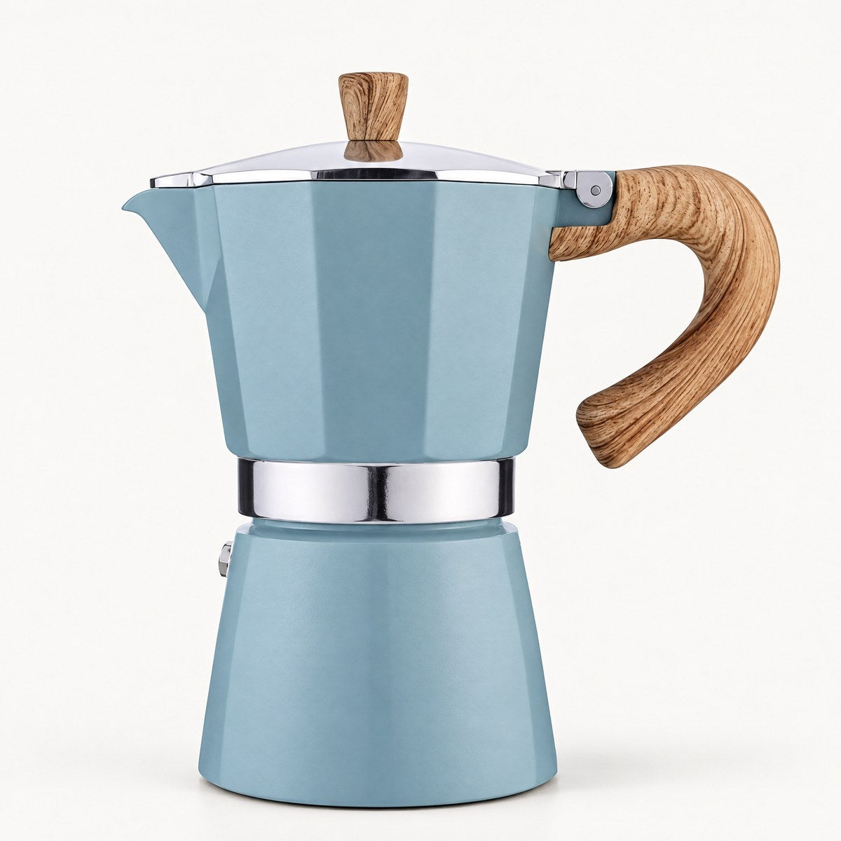 Azzurro powder blue stovetop moka pot with wood-effect handle on white background