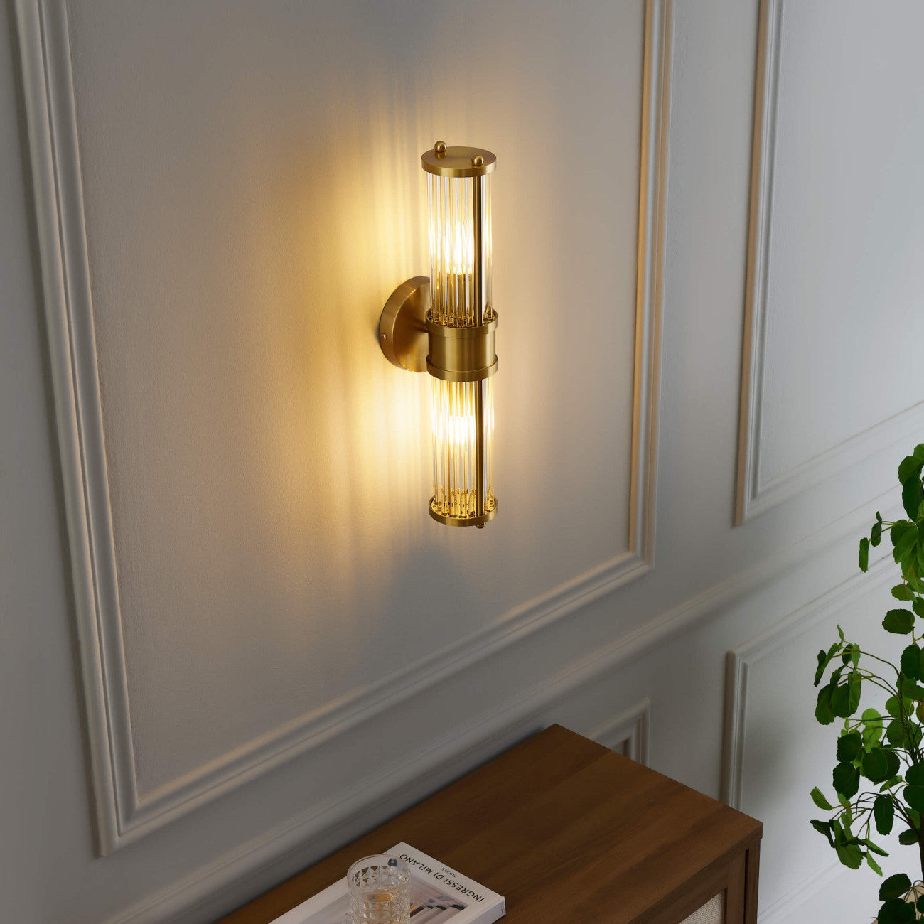 Waldorf Art Deco Wall Sconce with Crystal Shades and Gold Finish