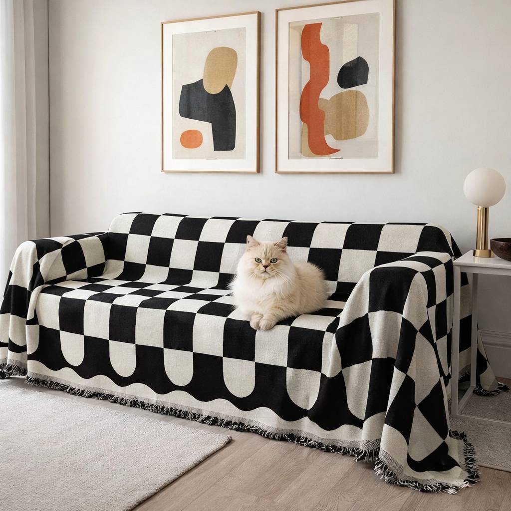 Chess Board Tasseled Sofa Cover | Chic Microfibre Blend for Armchairs Sofa Protection