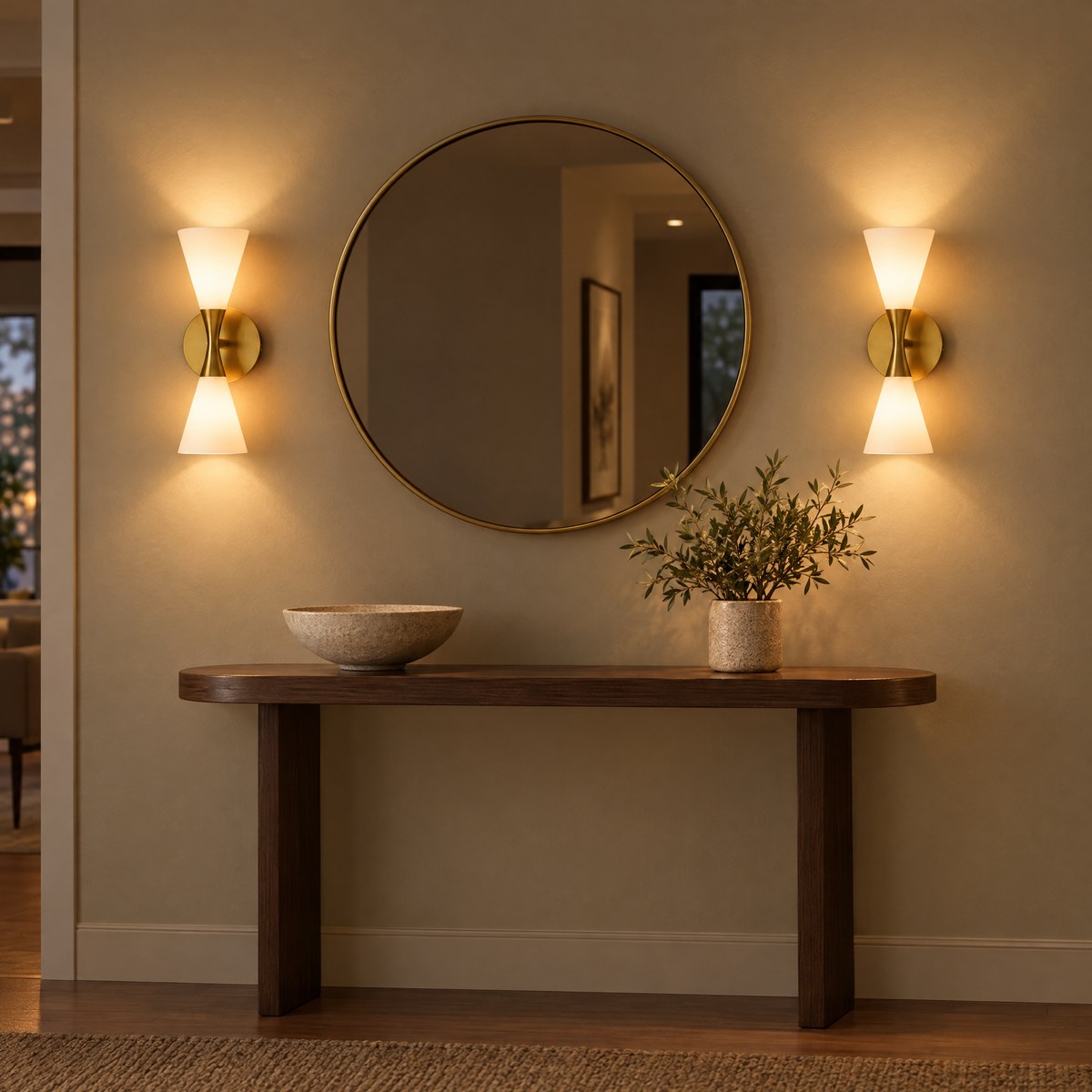 Pair of Como frosted glass wall lights either side of a round mirror in a modern hallway