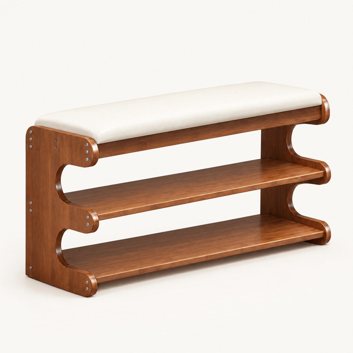 Dorvyn bamboo shoe bench with cream padded seat and two shoe shelves on white background