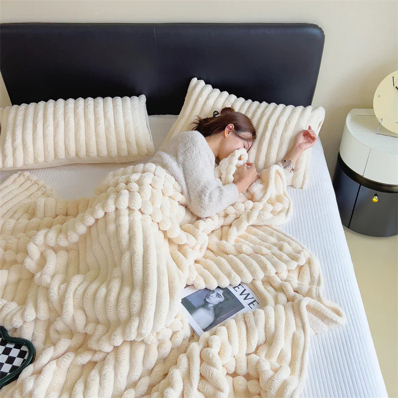 HESTIA Cozy Ribbed Throw Blanket | Ultra-Soft Coral Fleece for Home & Travel