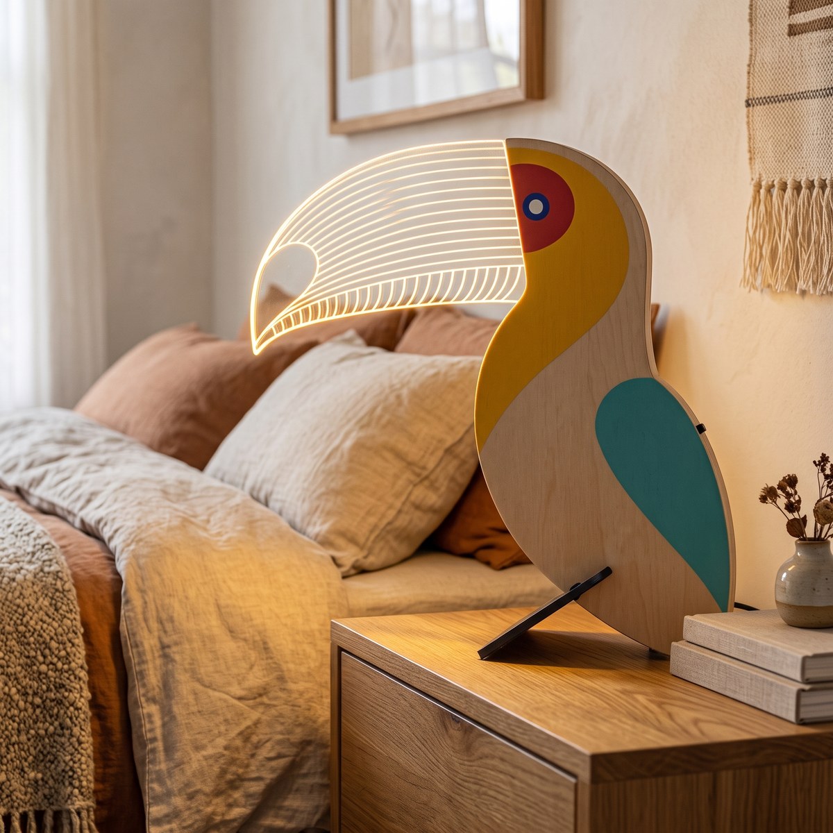 Fauna toucan table lamp glowing on an oak sideboard in a calm bedroom
