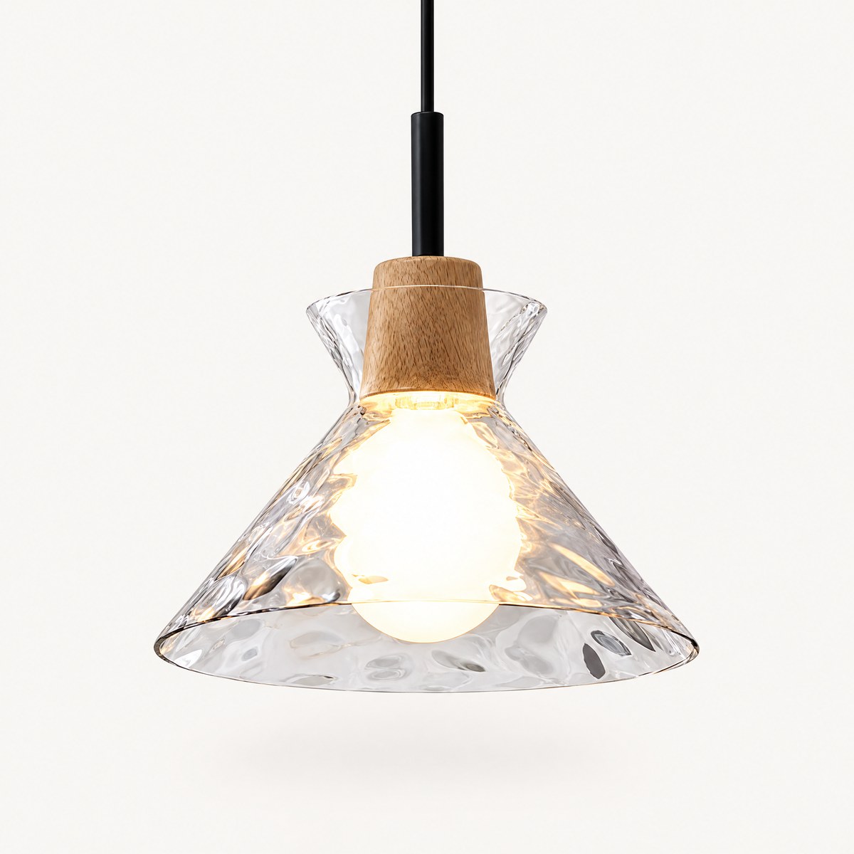 Fjord rippled glass cone pendant light with natural wood cap, lit, on white background