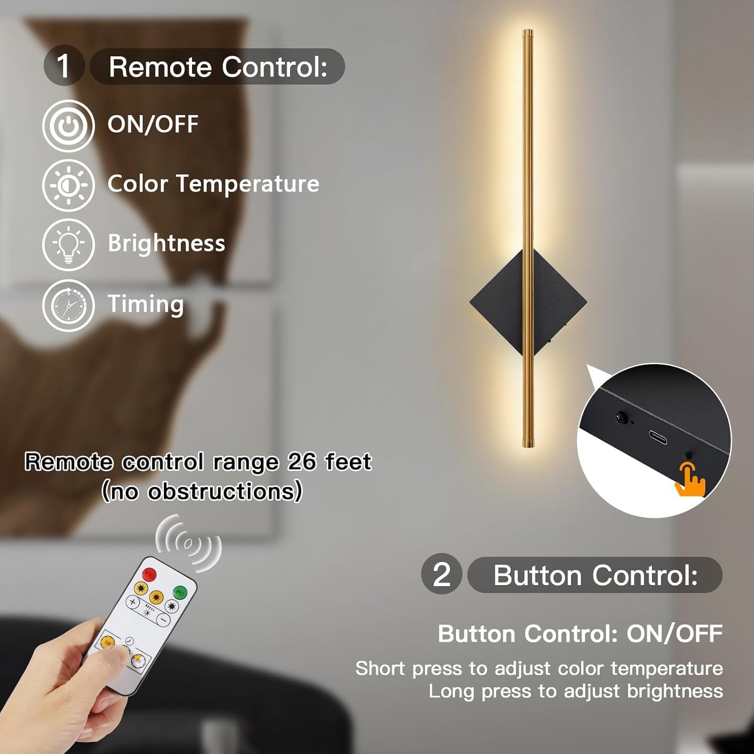 KIRE Modern Wireless LED Wall Sconce | Rechargeable Gold and Black Linear Light