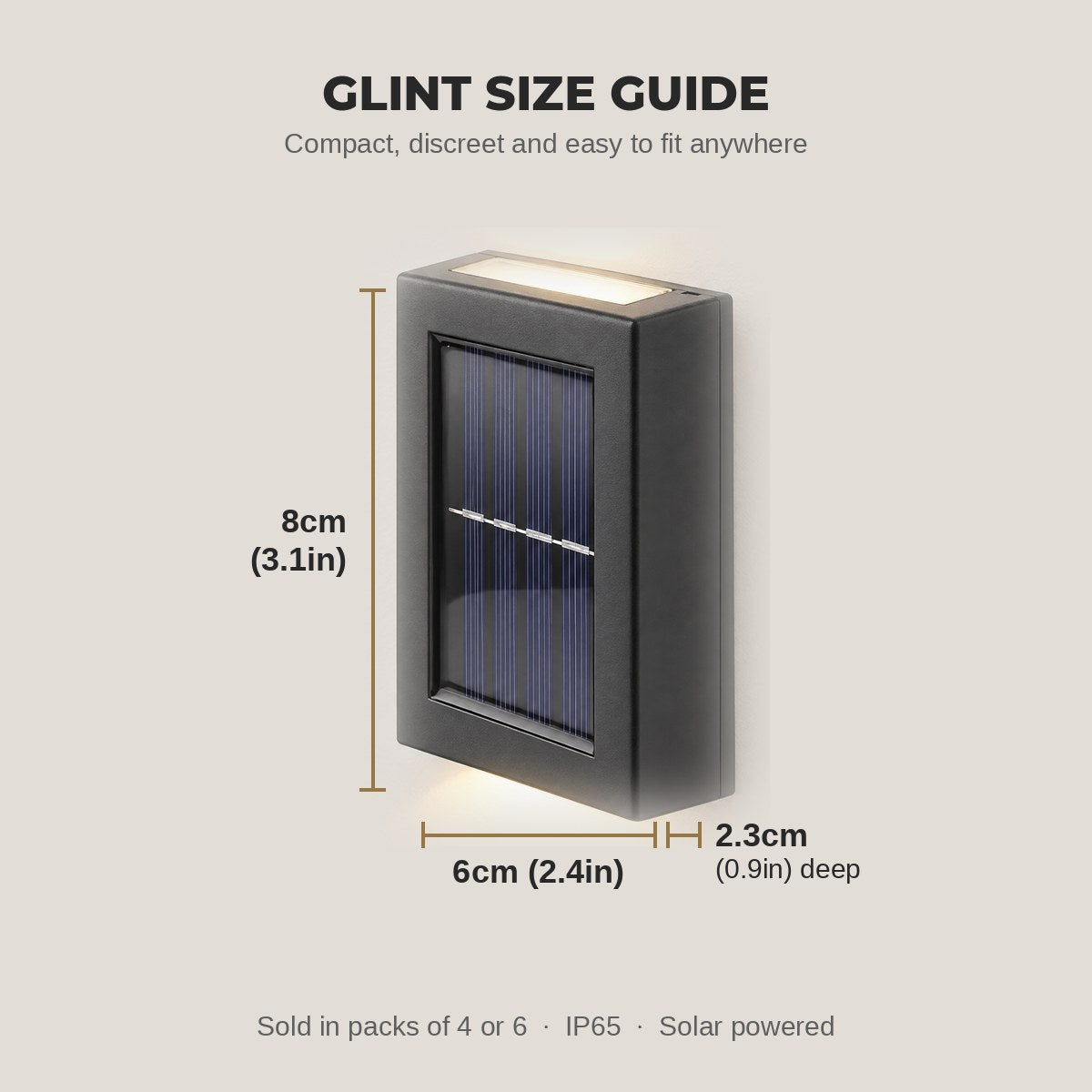 Glint solar wall light size guide: 6cm (2.4in) wide, 8cm (3.1in) high, 2.3cm (0.9in) deep