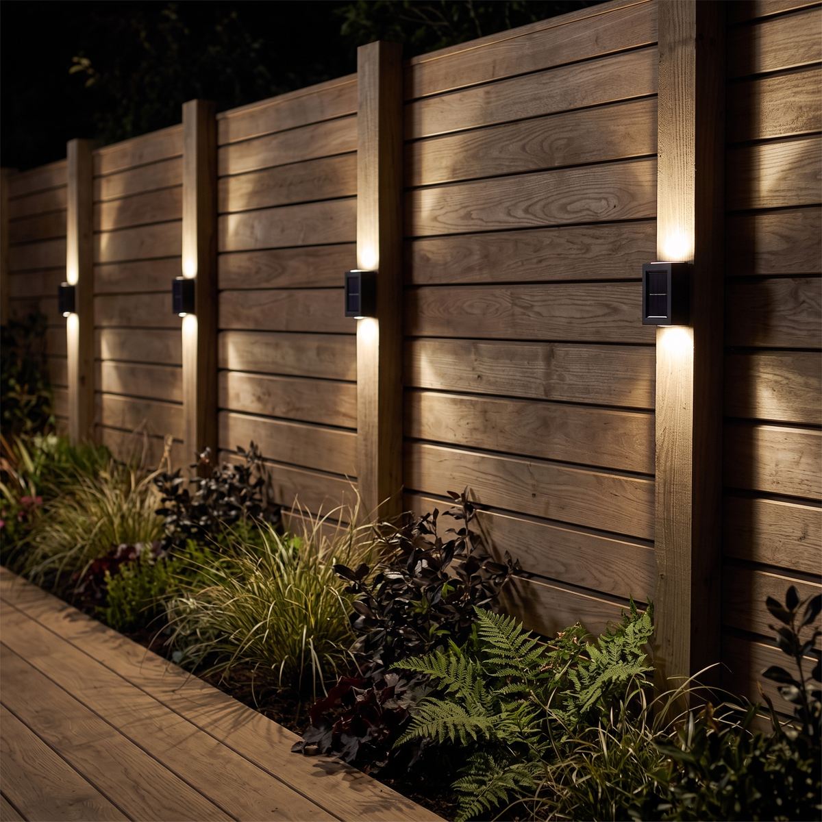 Four Glint warm white solar wall lights on a timber garden fence at night