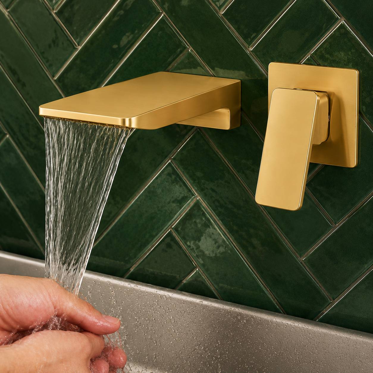 Kelsye Wall Mounted Bathroom Taps in Chrome, Black, and Gold Finishes with Waterfall Design