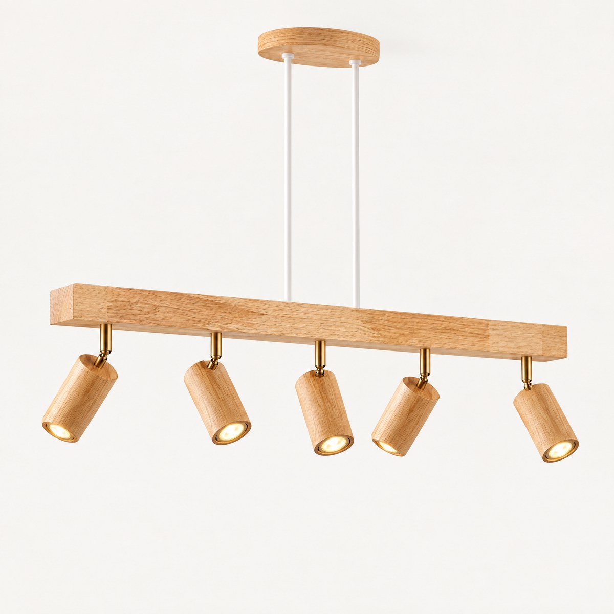 Holt suspended oak spotlight bar with five adjustable heads on drop rods