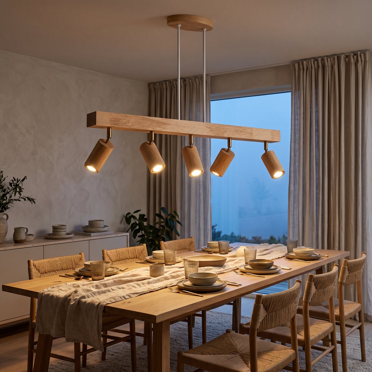 Holt suspended five-head oak spotlight above an oak dining table