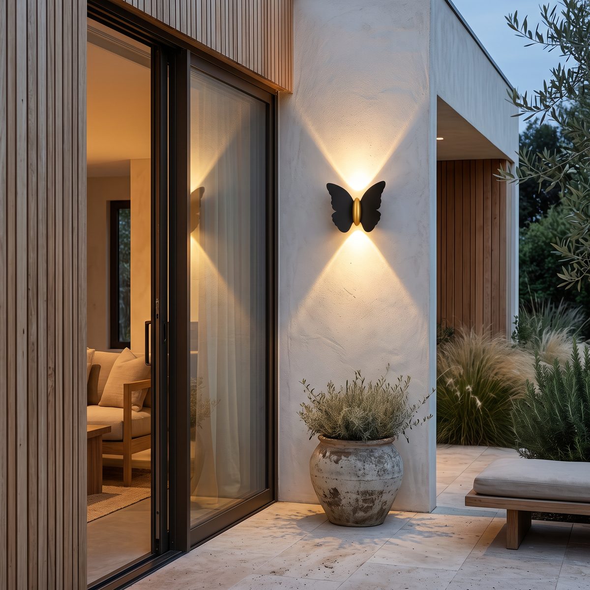 Motif butterfly outdoor wall lights casting light on a limewashed exterior wall at dusk