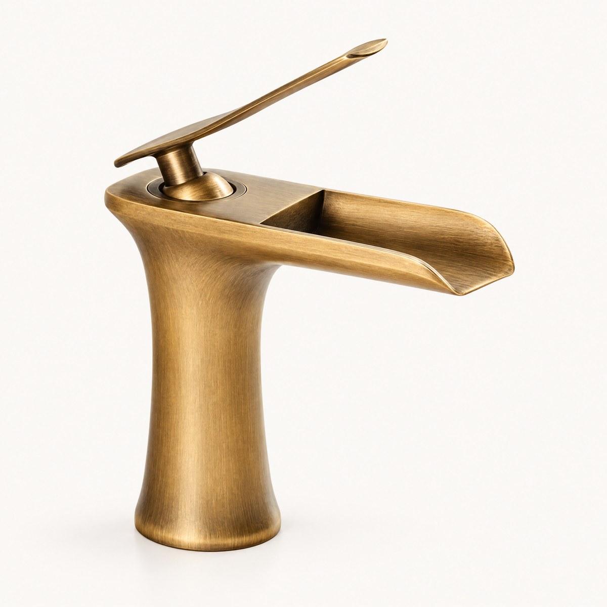 Nivexa waterfall basin mixer tap in vintage gold on white background