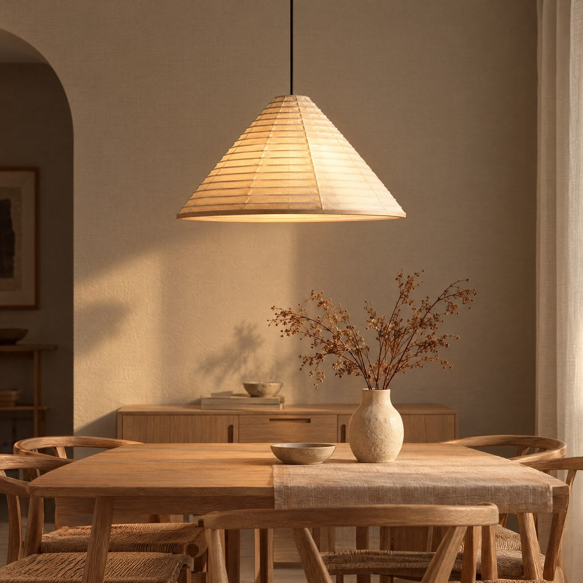 Japandi washi paper pendant lamp glowing above an oak dining table in a calm dining room