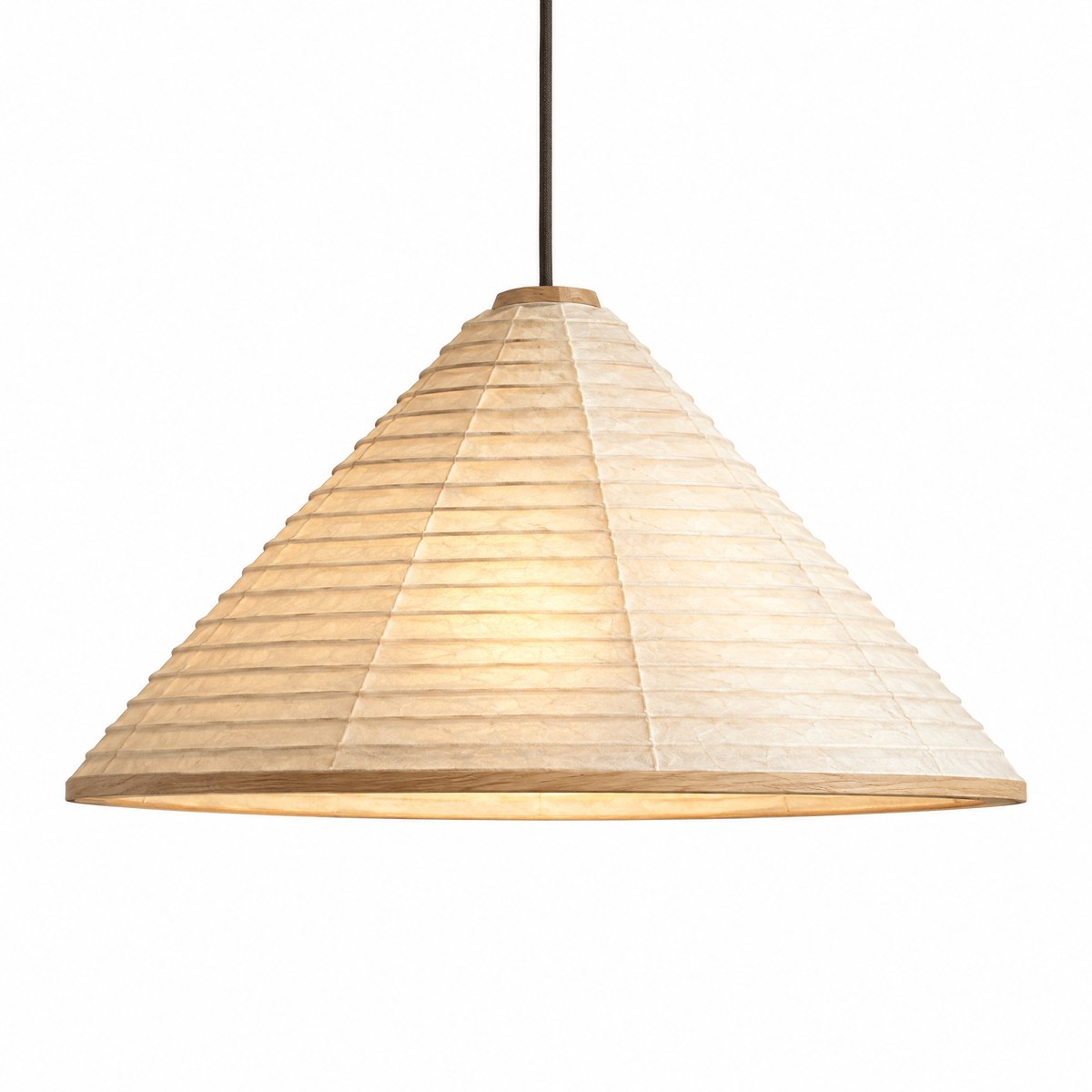 Japandi geometric pendant lamp with washi paper shade and oak frame, lit, on white background
