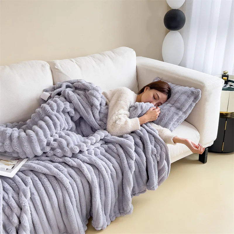 HESTIA Cozy Ribbed Throw Blanket | Ultra-Soft Coral Fleece for Home & Travel