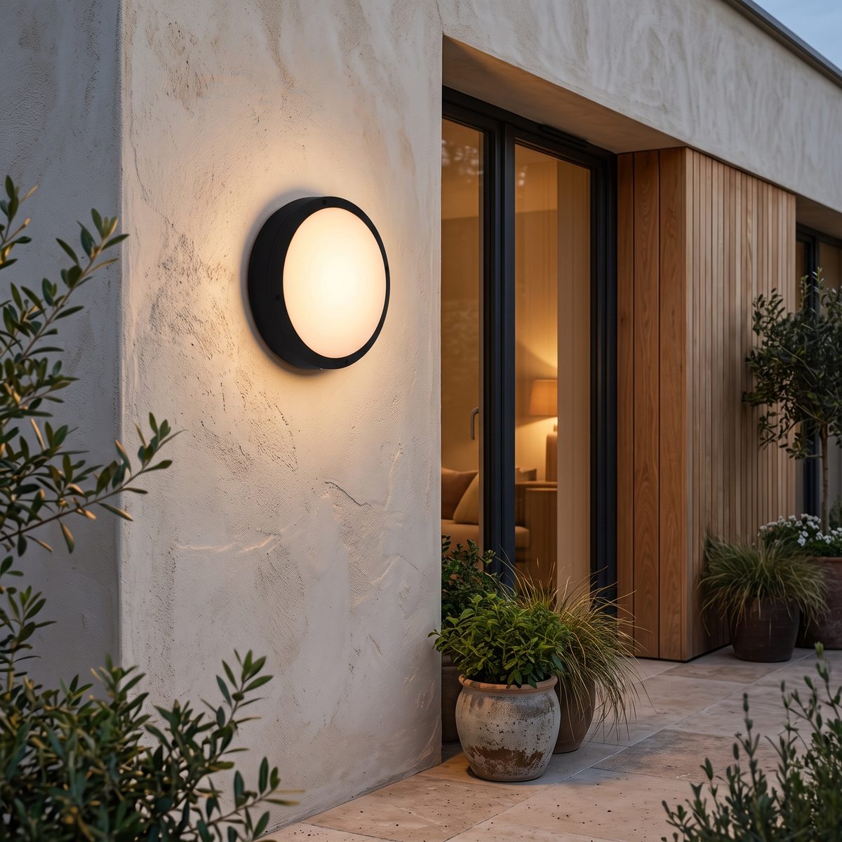 Pallo round outdoor wall light glowing on a limewashed exterior wall at dusk