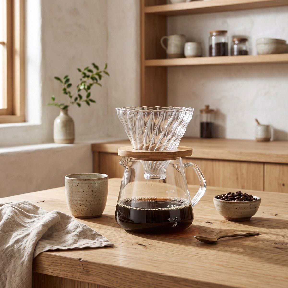 Pura glass pour-over coffee set on an oak kitchen counter with a ceramic cup