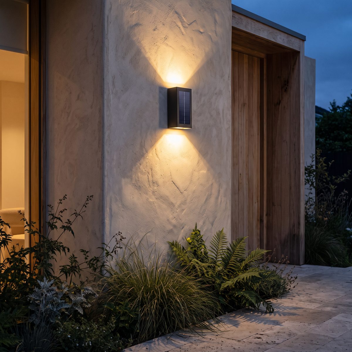 Solano solar wall lights casting up and down light on a limewashed exterior wall at dusk