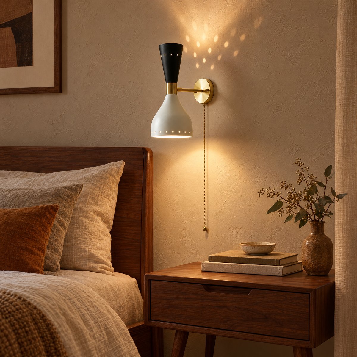 Sorrento mid-century wall light casting dotted light patterns beside a walnut bedside table