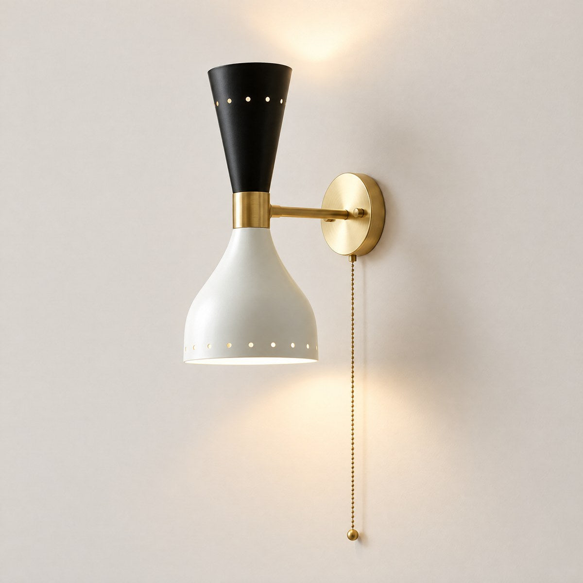 Sorrento mid-century hourglass wall light in black and white with brass joints and pull cord