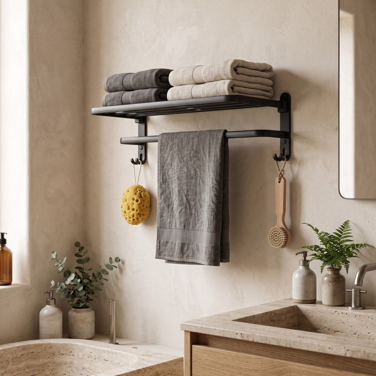 Strata matte black folding towel rack holding linen towels above a travertine basin