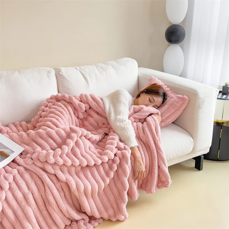 HESTIA Cozy Ribbed Throw Blanket | Ultra-Soft Coral Fleece for Home & Travel