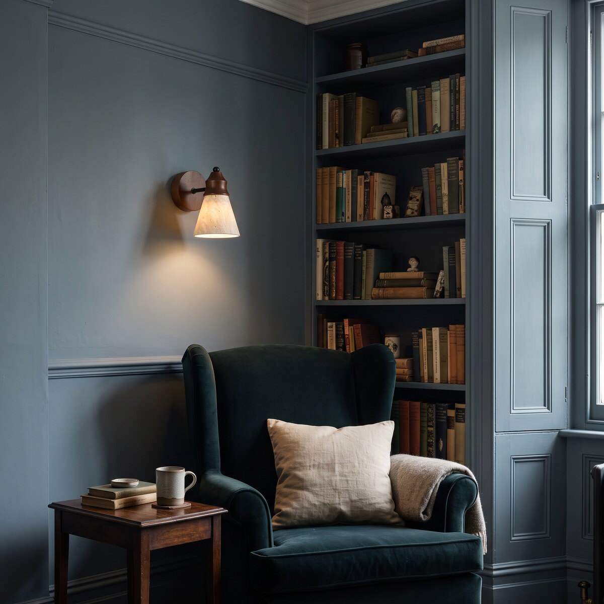 Tufa travertine wall light above a velvet wingback chair in a blue-grey study