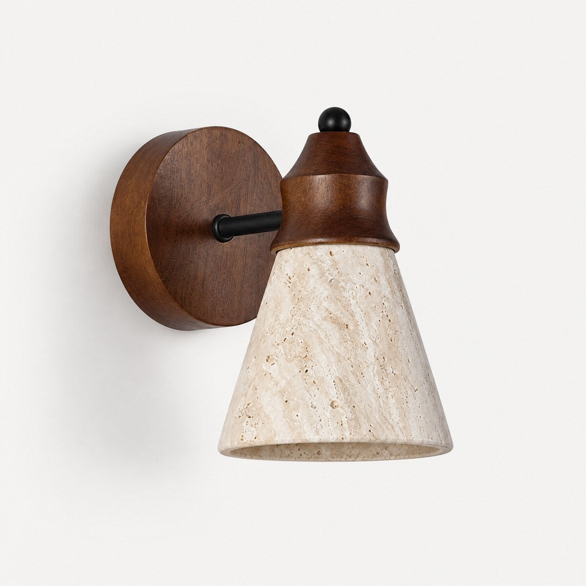 Tufa travertine wall light with walnut wood cap and backplate