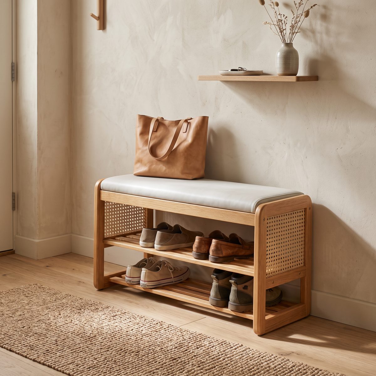 Varello rattan shoe bench with shoes on both shelves in a calm hallway