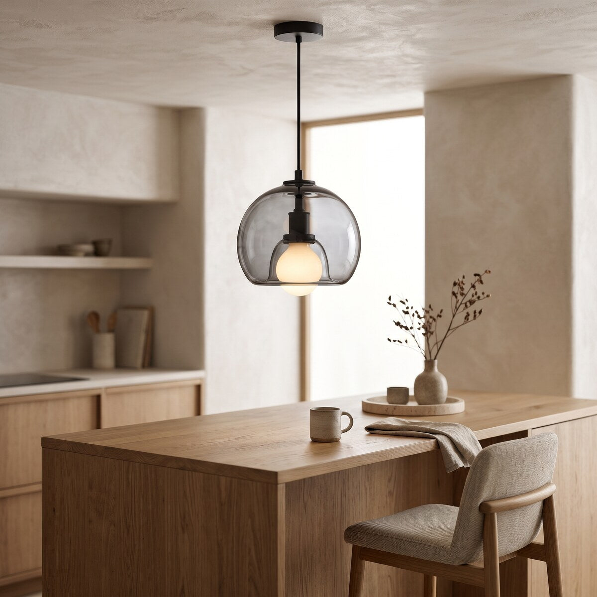 Vika smoke grey glass dome pendant light over an oak breakfast bar