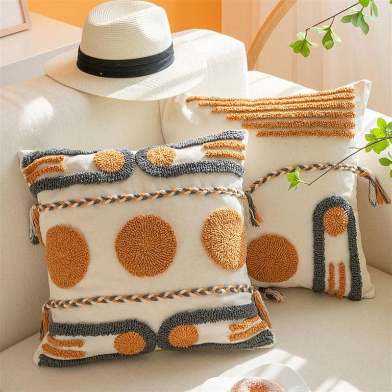 Solenne | Geometric Embroidered Cushion Cover with Tassel Details