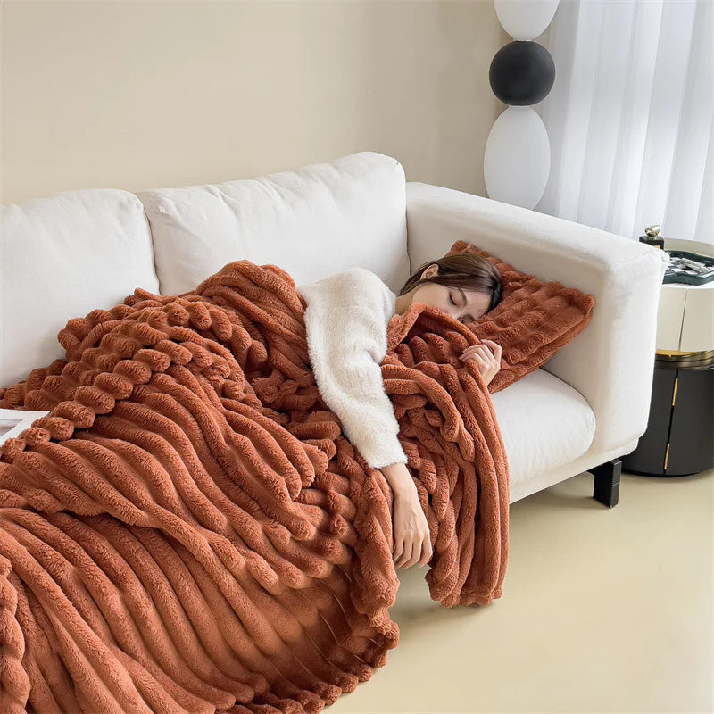 HESTIA Cozy Ribbed Throw Blanket | Ultra-Soft Coral Fleece for Home & Travel
