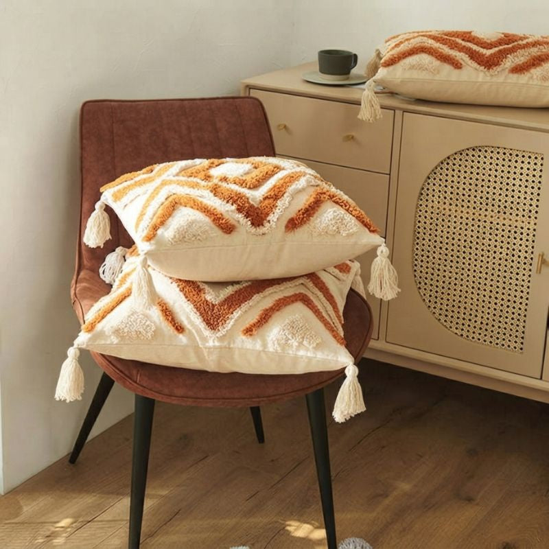 Solenne | Geometric Embroidered Cushion Cover with Tassel Details