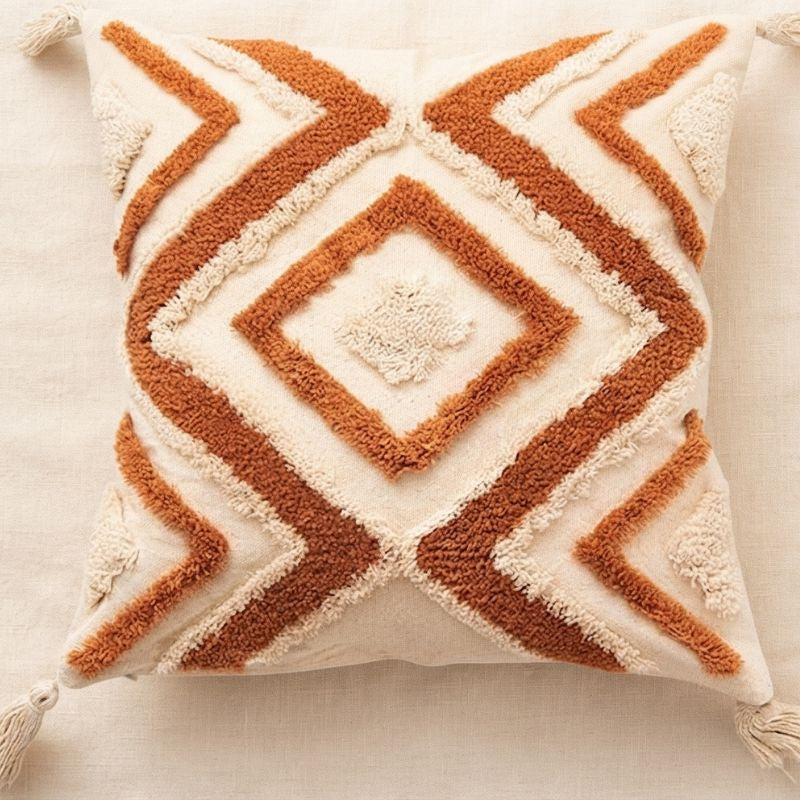 Solenne | Geometric Embroidered Cushion Cover with Tassel Details