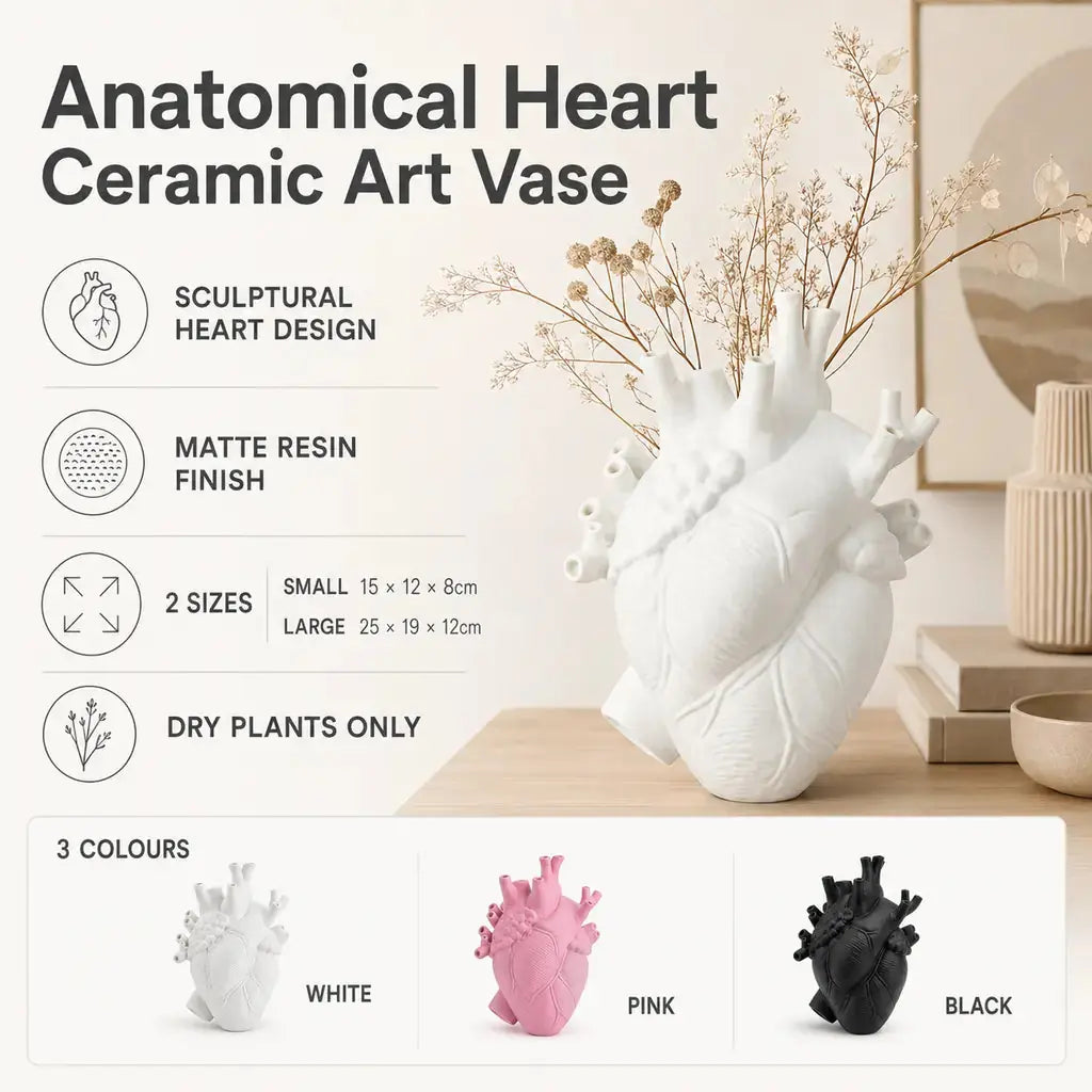 Anatomical Heart Decorative Vase for Dried Flowers – Resin Indoor Decor in White, Pink, Black, Small and Large Sizes 3