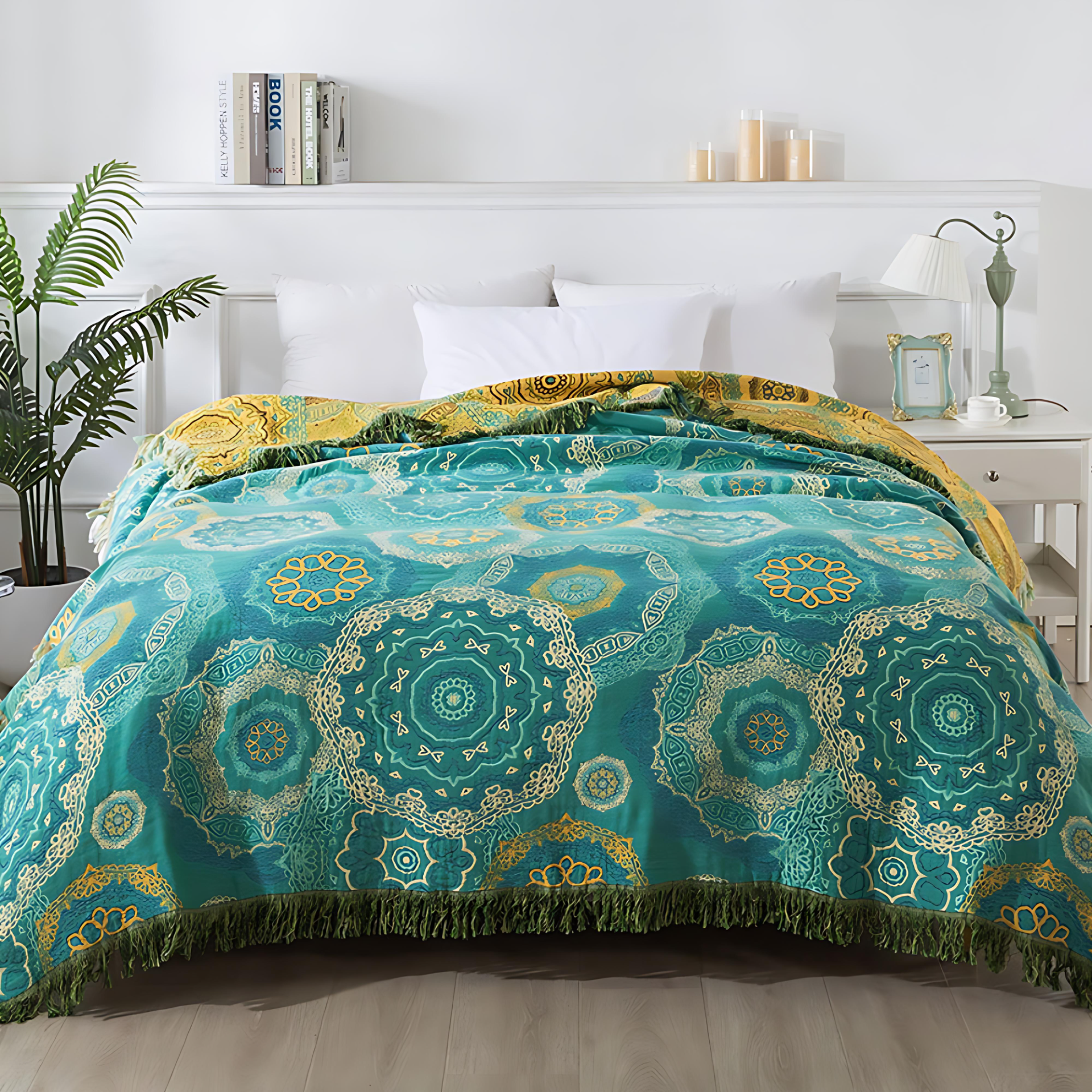 Ayla Cotton Blanket in Teal and Gold, Mandala Design, 79x90.5 for All-Year Comfort 0
