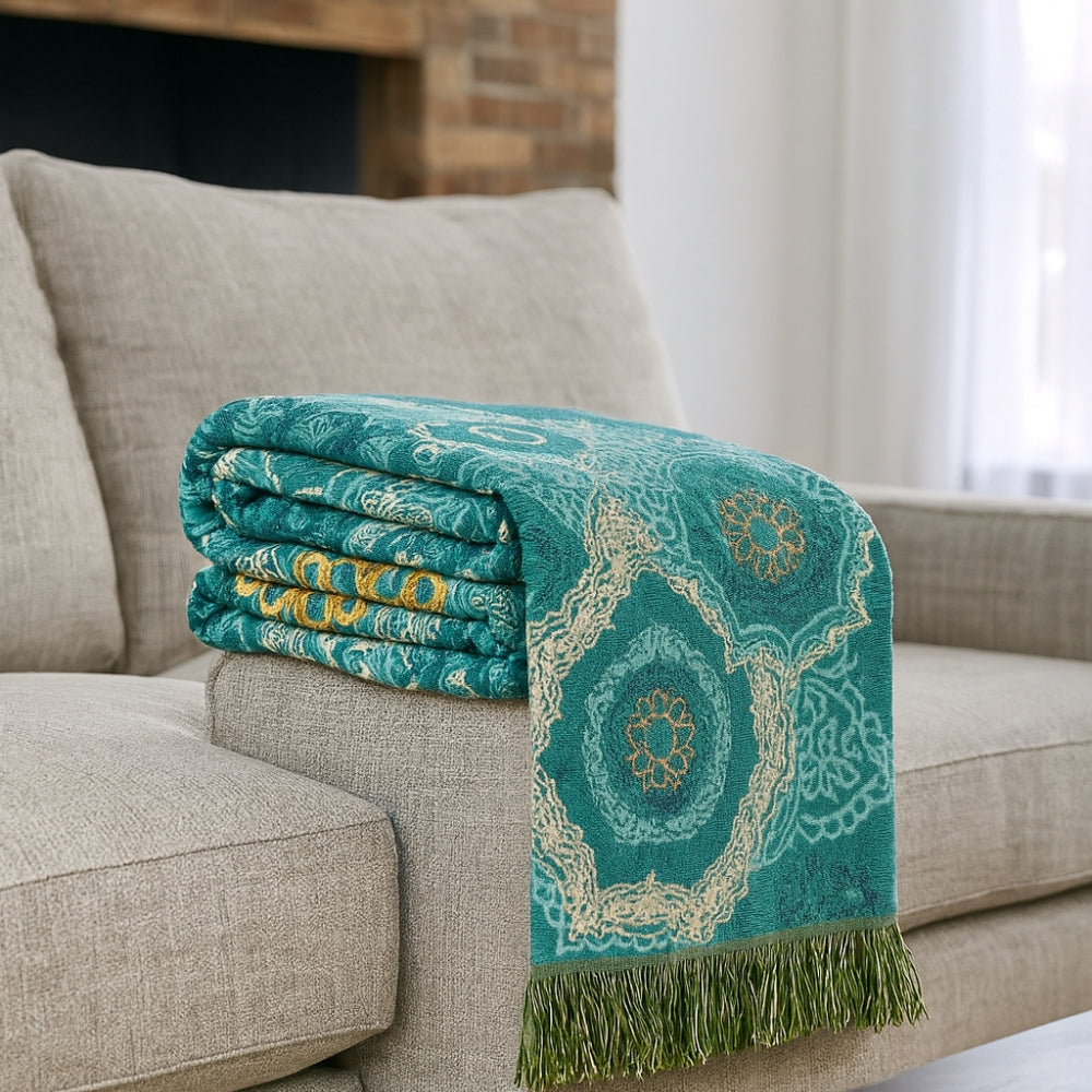 Ayla Cotton Blanket in Teal and Gold, Mandala Design, 79x90.5 for All-Year Comfort 2