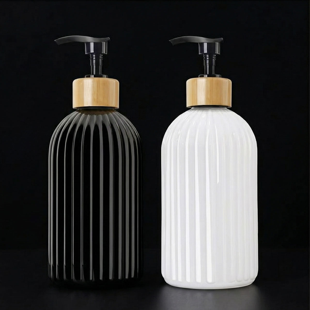 Black and White Hand Soap Dispensers | 2 Pack with Sleek Bamboo Accents | 500ml