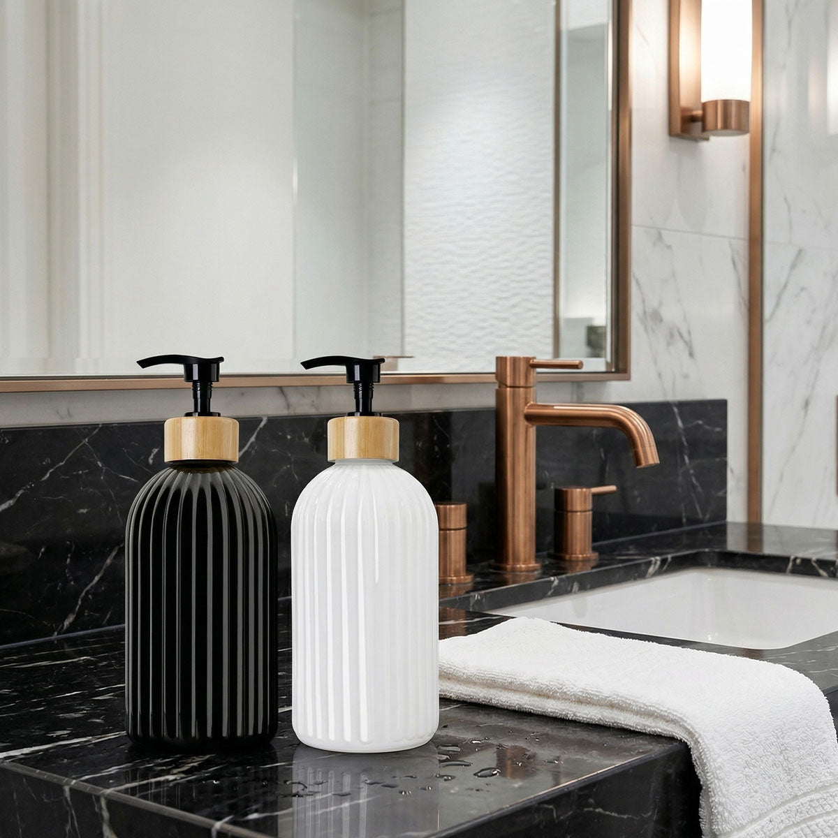 Black and White Hand Soap Dispensers | 2 Pack with Sleek Bamboo Accents | 500ml