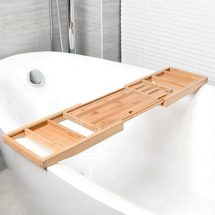 Bamboo Bliss | Expandable Bath Caddy Tray with Wine Glass Holder | Stylish Organizer for Ultimate Relaxation 1