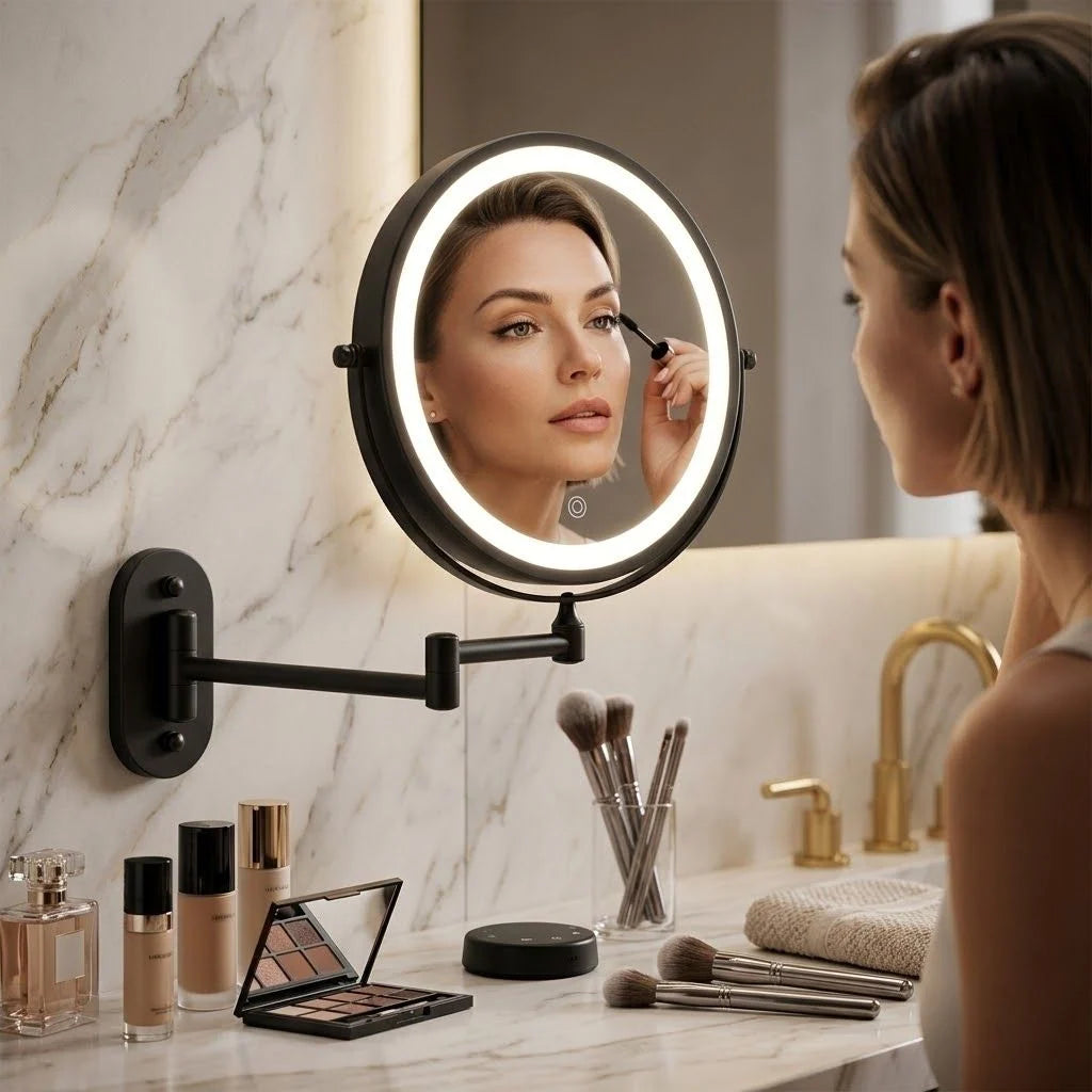 Black LED Vanity Mirror with Lights, 360° Rotation, 5x Magnification, Rechargeable Makeup Mirror for Bathroom and Dressing Table 5