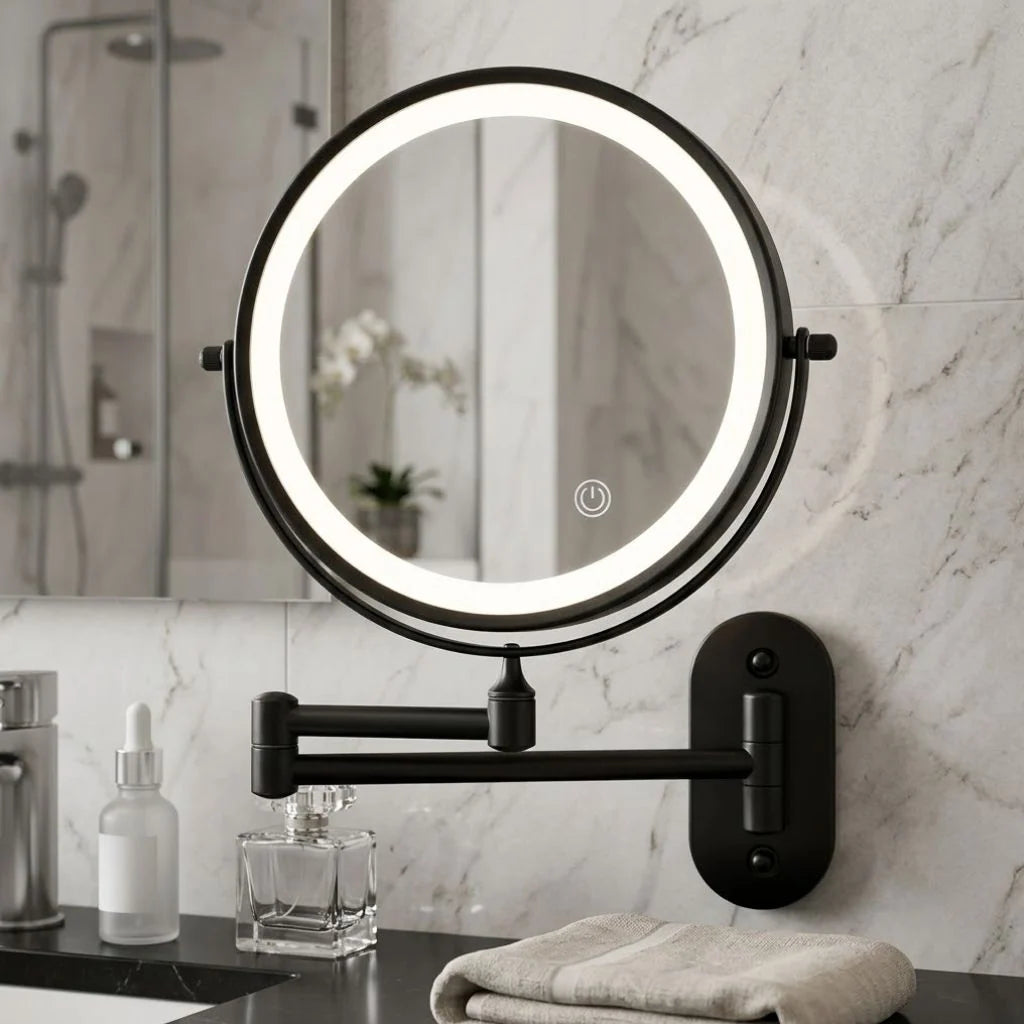 Black LED Vanity Mirror with Lights, 360° Rotation, 5x Magnification, Rechargeable Makeup Mirror for Bathroom and Dressing Table 7