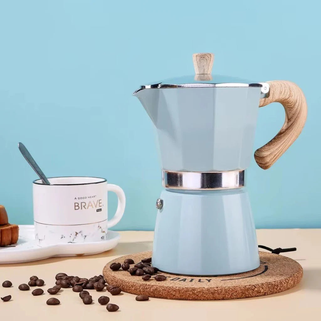 Blue Aluminium Moka Pot Stovetop Espresso Maker – Classic Italian Design for Bold Coffee, 150ml & 300ml Options 1