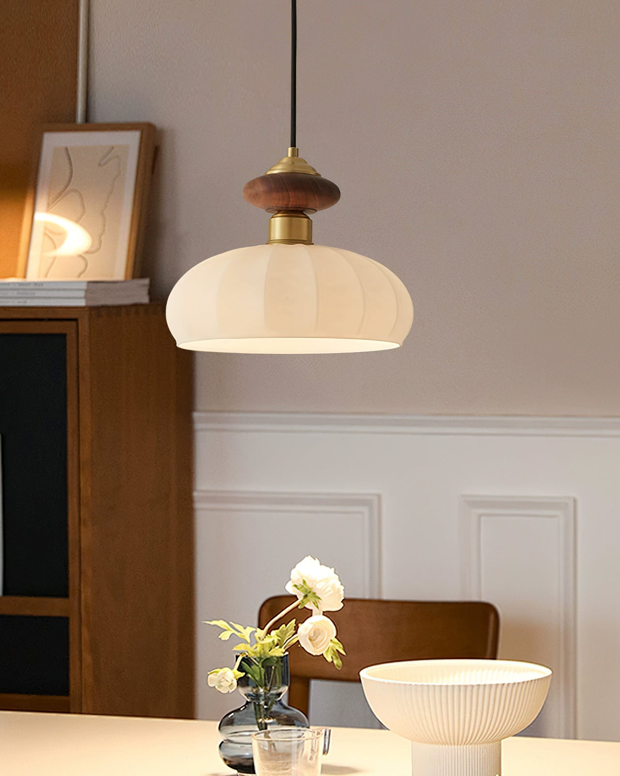 Ceres Collection | Glass Pendant Light with Wood Accent | Elegant Kitchen Pendant Lighting for Cozy Ambiance 6