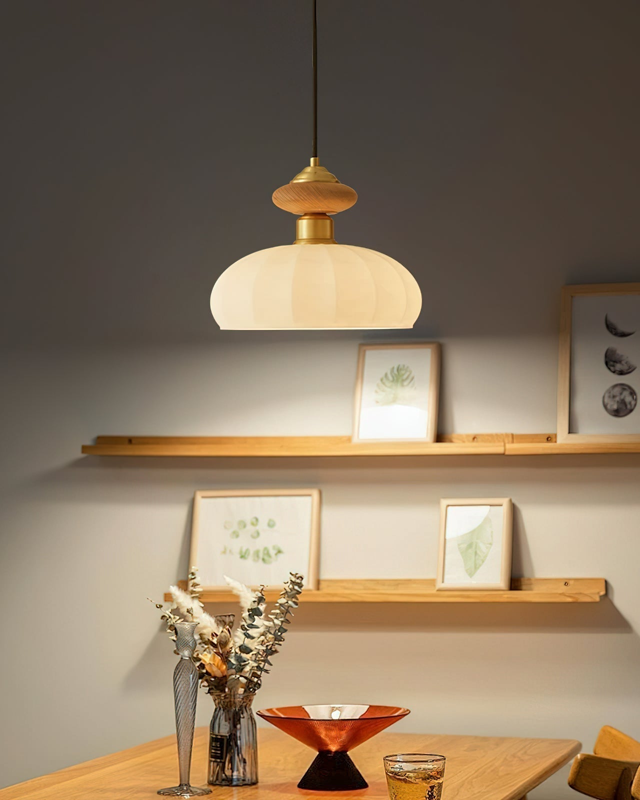 Ceres Collection | Glass Pendant Light with Wood Accent | Elegant Kitchen Pendant Lighting for Cozy Ambiance 7
