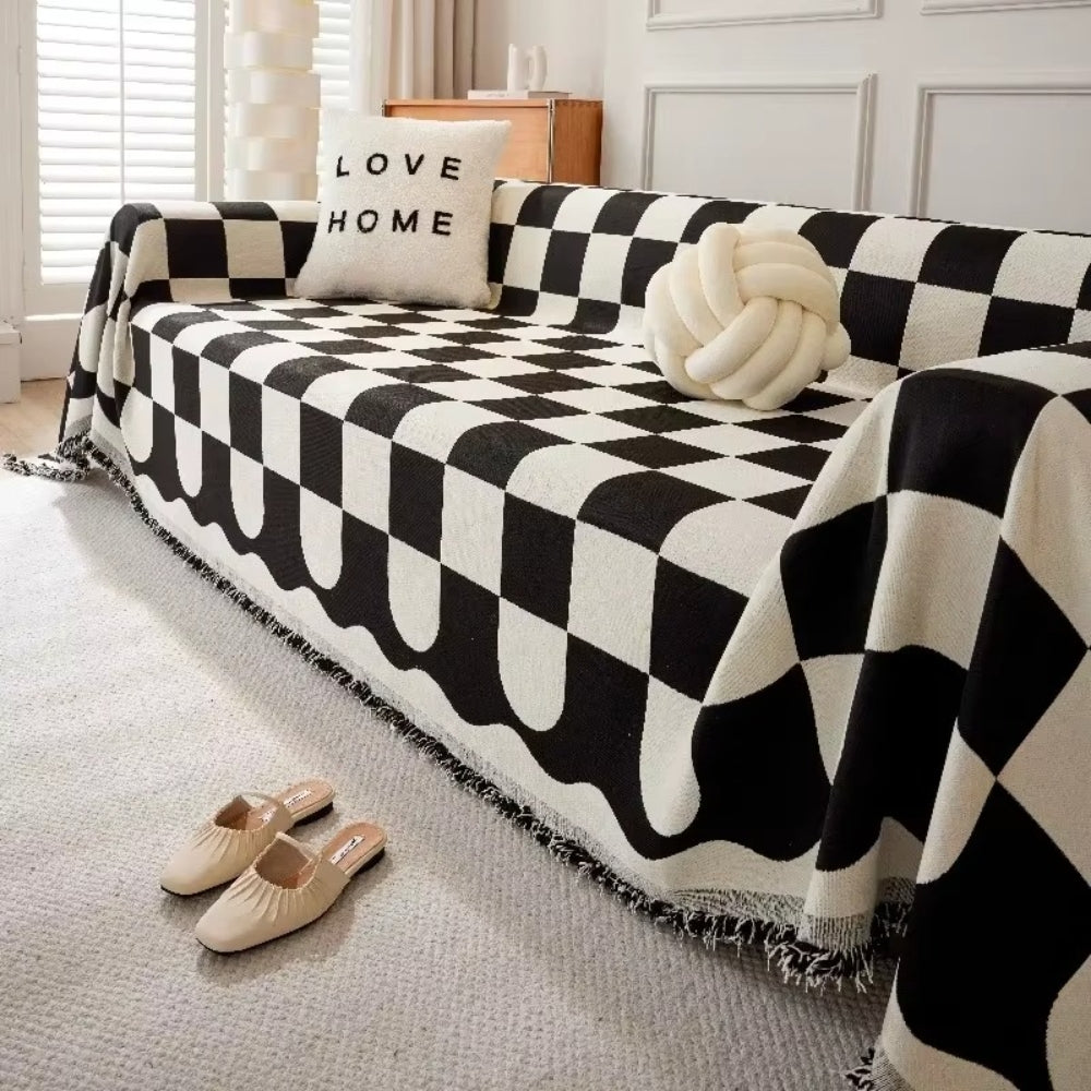 Chess Board Chic Tasseled Sofa Cover - Stylish Cotton-Microfiber Blend for Armchairs and Sofas 0