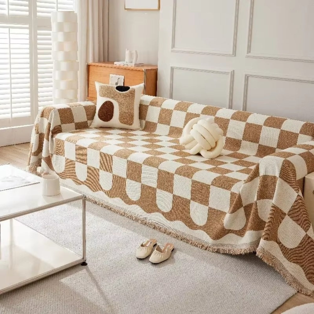 Chess Board Chic Tasseled Sofa Cover - Stylish Cotton-Microfiber Blend for Armchairs and Sofas 1