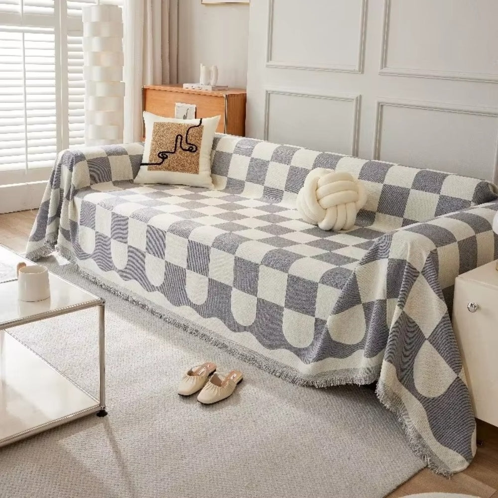 Chess Board Chic Tasseled Sofa Cover - Stylish Cotton-Microfiber Blend for Armchairs and Sofas 2
